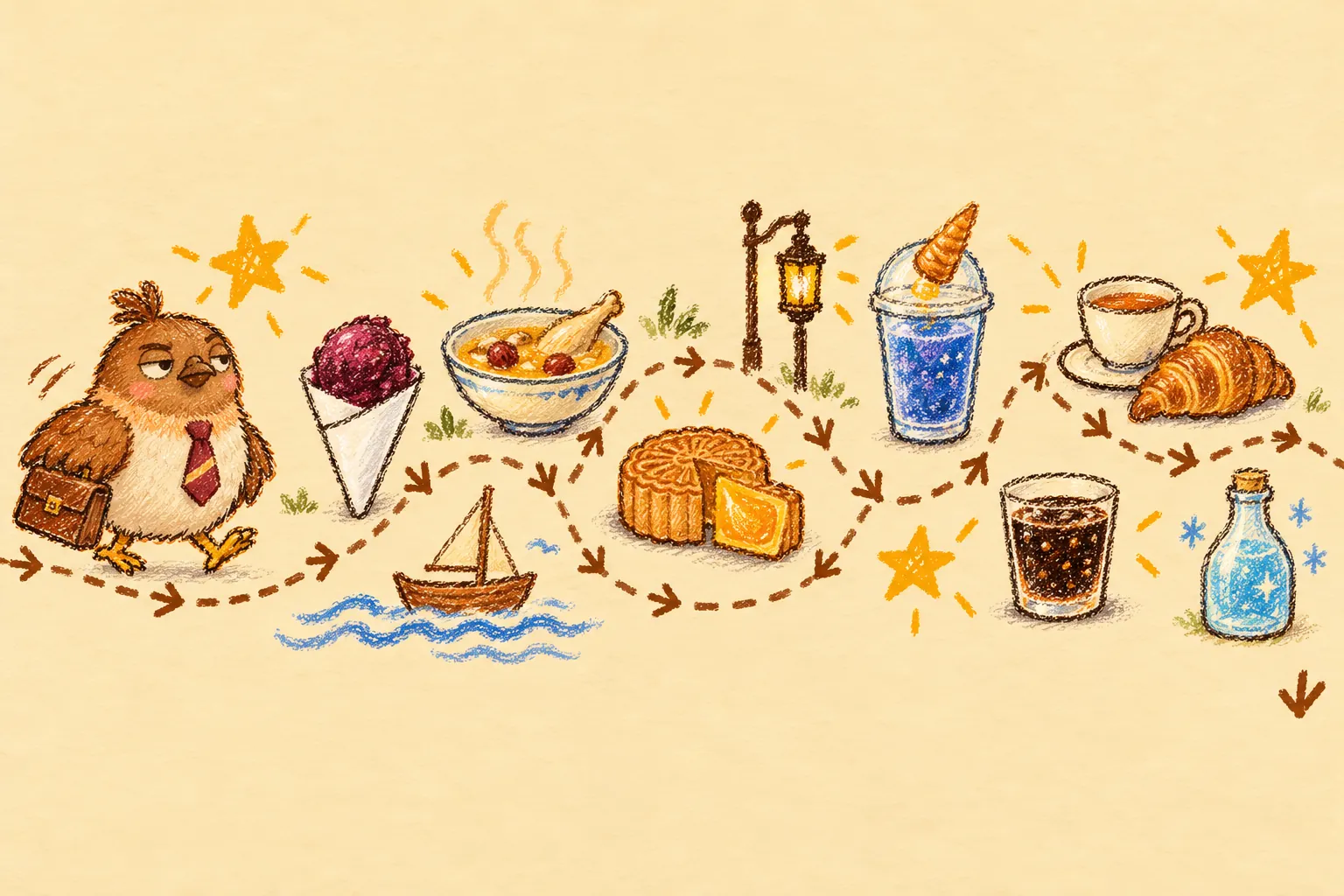 Crayon drawing: a round brown pigeon with a briefcase sets off along a dotted path that winds past a paper cone of sorbet, a bowl of chicken soup, a cut mooncake, a blue drink with a caramel horn, tea and a croissant, a glass of black fizz and a small blue bottle, with a sailboat and a lantern on the way
