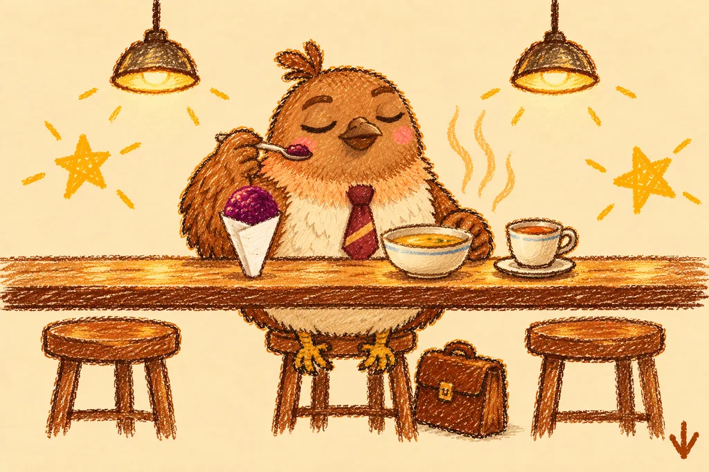 Crayon drawing: a round brown pigeon in a burgundy necktie sits alone at a wooden counter with his eyes closed, lifting a spoonful of purple sorbet; before him a paper cone of sorbet, a bowl of soup and a cup of tea, an empty stool on each side, his briefcase on the floor and two lamps above