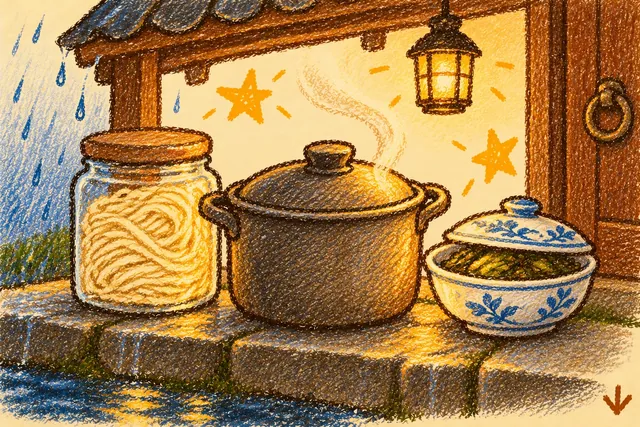 Crayon drawing: a covered dark pot on a stone doorstep under a tiled roof in the rain, with a jar of dry noodles and a covered dish of greens beside it and a lit lantern above