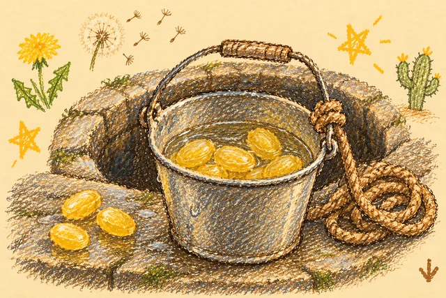 Crayon drawing: a tin bucket on the stone rim of a well, holding golden lemon drops in a little water, with three more drops loose on the stone and a coil of rope beside it; a dandelion, a dandelion puff, a cactus and two stars around it