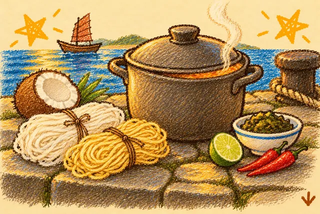 Crayon drawing: a covered pot of golden-orange broth on quay stones by the sea, with half a coconut, two bundles of dry noodles, half a lime, a dish of greens and two red chillies beside it