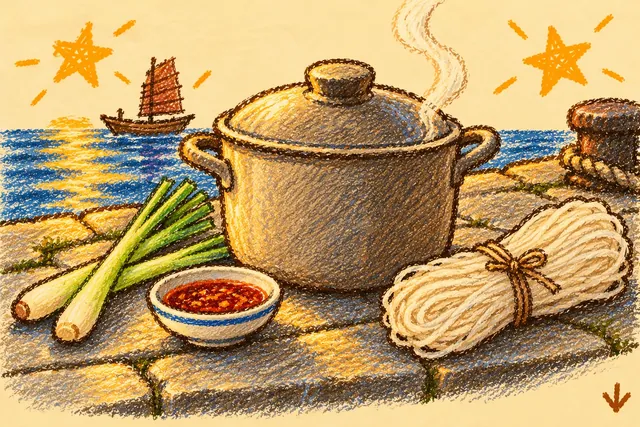 Crayon drawing: a covered pot on quay stones by the sea, with two stalks of lemongrass, a small dish of red chilli oil and a bundle of dry white noodles tied with string beside it