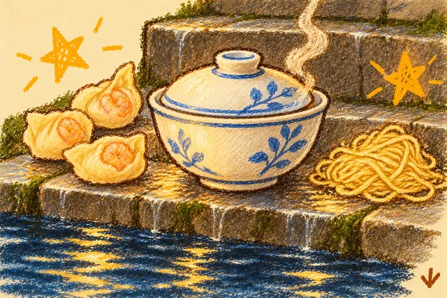 Crayon drawing: a covered blue-and-white bowl on wet stone steps above dark water, with three shrimp wontons and a nest of thin yellow noodles beside it