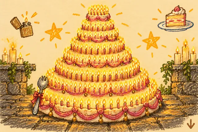 Crayon drawing: a cake of nine tiers ringed with lit candles, with pink garlands and gold beads, on stone flagstones; a serving spork with a red ribbon leans at its foot, with shelves of candles, a brass lighter and a slice on a plate around it