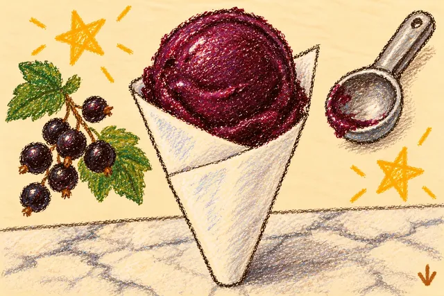 Crayon drawing: a scoop of very dark purple sorbet in a folded white paper cone on a marble counter, with a sprig of black currants and a metal scoop beside it