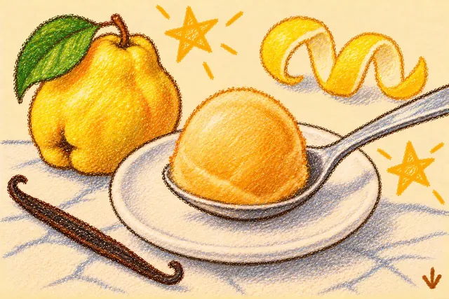 Crayon drawing: a spoon holding a scoop of pale amber sorbet on a small white plate on a marble counter, with a yellow quince, a curl of lemon peel and a vanilla pod
