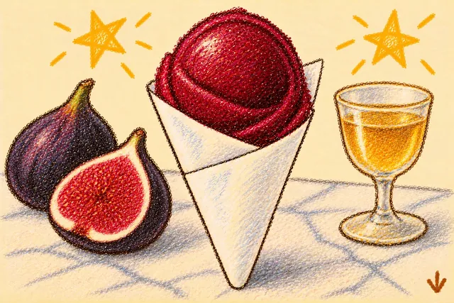 Crayon drawing: a scoop of deep garnet sorbet in a folded white paper cone on a marble counter, with two black figs, one cut open, and a small glass of golden wine