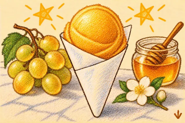 Crayon drawing: a scoop of pale amber sorbet in a folded white paper cone on a marble counter, with a bunch of green-gold grapes, a jar of honey and a white flower