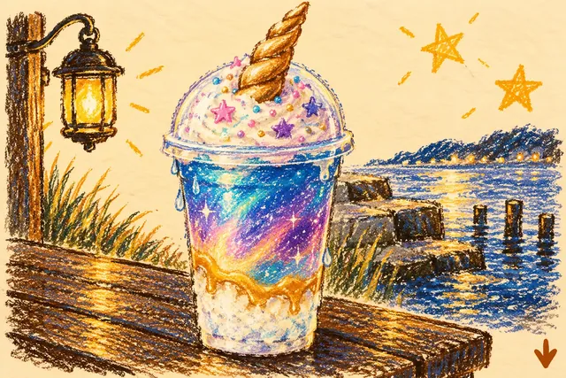 Crayon drawing: a clear lidded cup on a wooden bench, swirled blue and violet over a band of caramel and crushed ice, with cream, star sprinkles and a twisted caramel horn on top; a lit lantern beside it and dark water behind