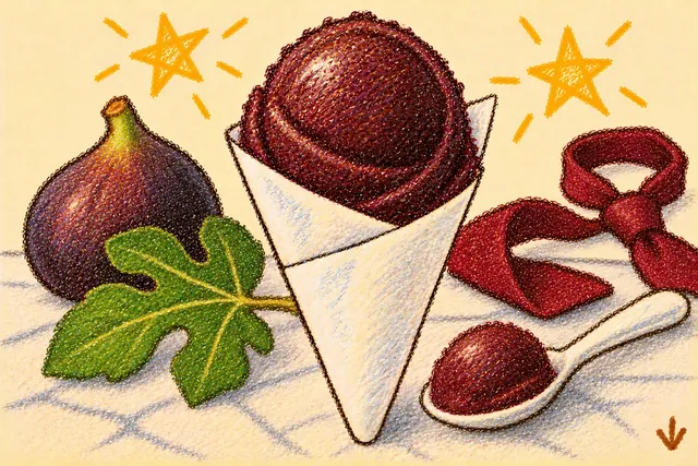Crayon drawing: a scoop of dark fig sorbet in a folded white paper cone on a marble counter, with a spoonful beside it on a white spoon, a whole black fig, a fig leaf and a loosened burgundy necktie