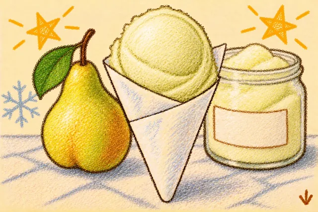 Crayon drawing: a scoop of pale green sorbet in a folded white paper cone on a marble counter, with a yellow-green pear beside it and a glass jar of the same sorbet behind