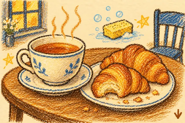 Crayon drawing: a steaming cup of tea on a saucer beside a plate of two croissants, one bitten, on a round table; a blue chair, a yellow sponge with bubbles and a glowing window behind