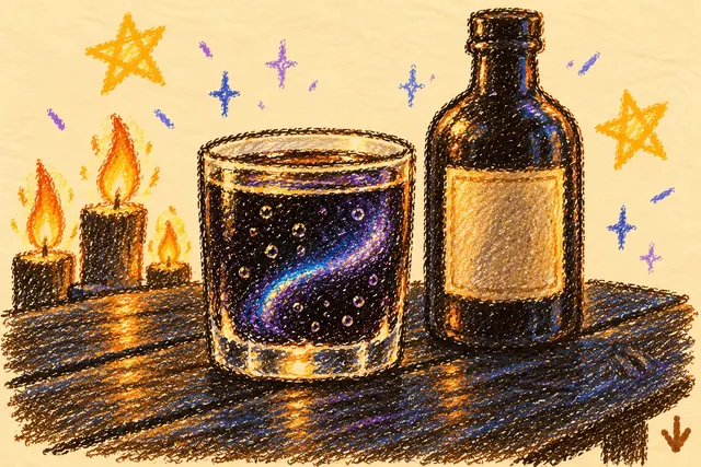 Crayon drawing: a short glass of black sparkling drink with a blue-violet swirl through it, beside a dark bottle with a blank label, on a dark table with three candles and stars behind