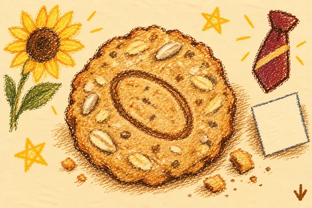 Crayon drawing: a round oat wafer dotted with sunflower seeds, a crooked ring pressed into its middle, with crumbs beside it; a sunflower, a burgundy necktie and a blank sheet of paper around it