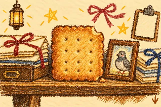 Crayon drawing: a square golden biscuit standing upright on a wooden shelf with a small bite out of one corner, between stacks of letters tied with ribbon, beside a small framed picture of a grey pigeon