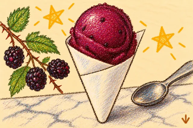 Crayon drawing: a scoop of deep purple sorbet flecked with seeds in a folded white paper cone on a marble counter, with wild blackberries on a thorny stem and a metal spoon