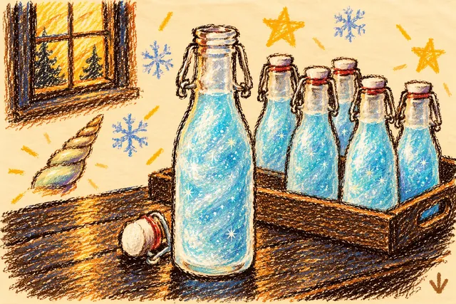 Crayon drawing: an open glass bottle of icy blue liquid full of small sparkles, its stopper beside it, in front of a wooden tray holding five more bottles; a glowing window, snowflakes and a spiral horn around it