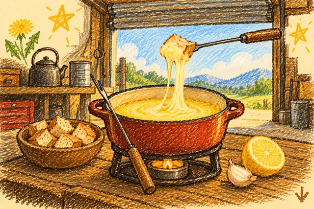 Crayon drawing: a red pot of melted cheese over a small flame on a wooden workbench, a fork lifting a cube of bread with a long string of cheese, a bowl of bread cubes, half a lemon and a garlic clove beside it; behind, a rolled-up garage door open to a sunny field, with a kettle, a tin can, a dandelion and stars around it