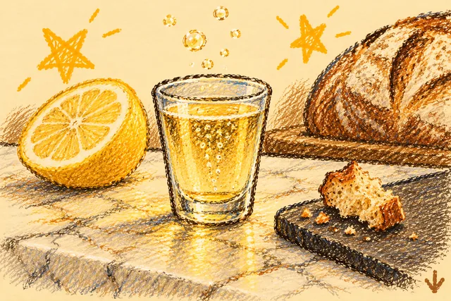 Crayon drawing: a small glass of pale golden champagne with fine bubbles rising, on a marble counter, beside half a lemon, a crumb of bread on a dark slate board and a round country loaf, with two stars