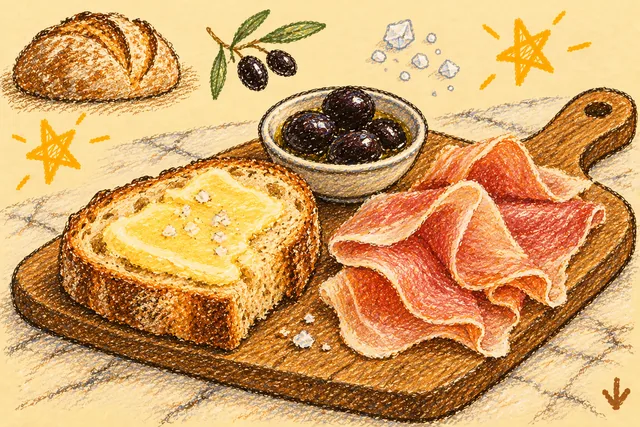 Crayon drawing: a wooden board on a marble counter with a thick slice of buttered country bread under coarse salt, a small bowl of black olives and folds of thin pink ham; a round loaf, an olive sprig, salt crystals and two stars around it