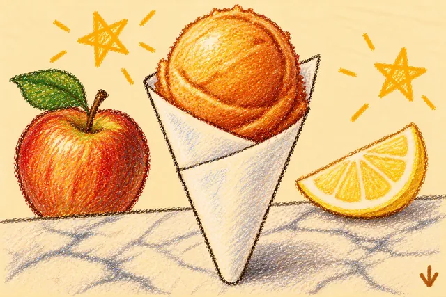 Crayon drawing: a scoop of golden-orange sorbet in a folded white paper cone on a marble counter, with a red and gold apple and a wedge of lemon