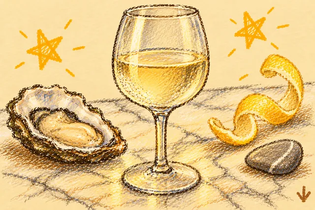 Crayon drawing: a stemmed glass of pale golden white wine on a marble counter, beside an open oyster in its shell, a curl of lemon peel and a smooth grey pebble, with two stars