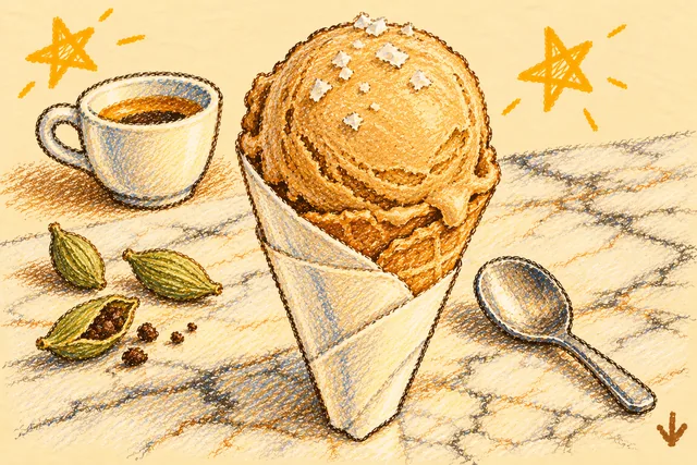 Crayon drawing: a scoop of pale coffee-colored ice cream with a few white salt flakes on top, in a folded white paper cone on a marble counter, with a small spoon beside it, an espresso cup, three green cardamom pods, one cracked open, and two stars