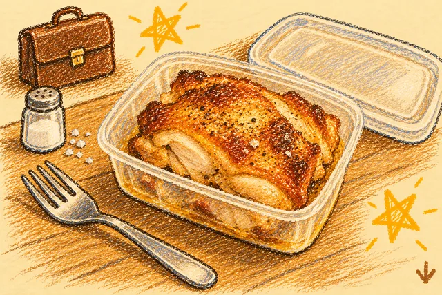Crayon drawing: a golden-brown roasted chicken thigh in a clear plastic tub on a wooden table, its lid set beside it, with a fork, a little salt shaker with spilled grains, a small brown briefcase and two stars