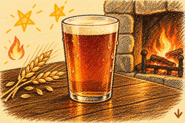Crayon drawing: a pint glass of amber-brown ale with a cream head and drops running down it, on a dark wooden table beside a stone fireplace with a log fire; a sprig of barley, a small flame and two stars around it