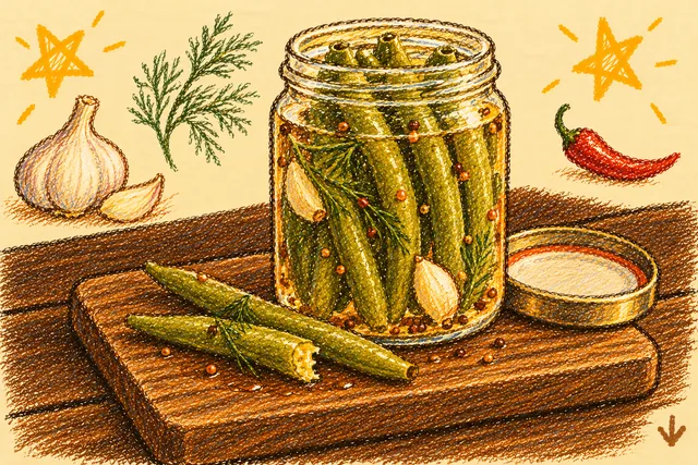 Crayon drawing: an open glass jar of pickled green beans in golden brine with dill, garlic cloves and peppercorns, its lid beside it, and two beans on a wooden board in front, one bitten; a garlic bulb, a sprig of dill, a red chili and two stars around it