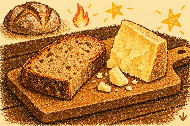 Crayon drawing: a thick slice of dense brown bread and a wedge of hard pale yellow cheese with a few crumbs, on a wooden board with a handle on a dark table; a round scored loaf, a small flame and two stars around it