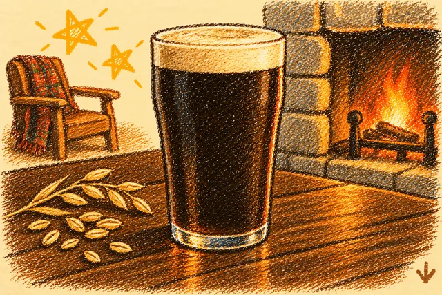 Crayon drawing: a pint glass of nearly black stout with a tan head on a dark wooden table, a stone fireplace with a log fire behind it, a wooden armchair with a plaid blanket, a sprig of oats with loose grains, and two stars
