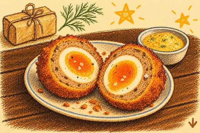 Crayon drawing: a scotch egg cut in half on a blue-rimmed plate, crisp golden crumb, a ring of sausage meat and soft orange yolks, a small bowl of yellow mustard sauce with dill beside it on a dark wooden bar; a parcel tied with string, a sprig of dill and two stars