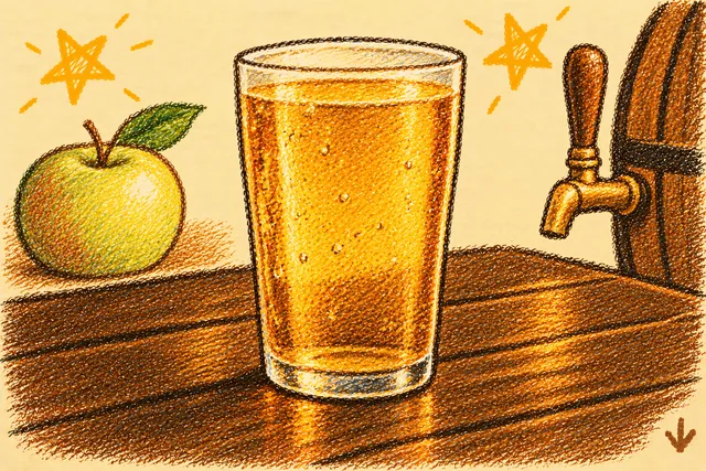 Crayon drawing: a tall pint glass of golden cider with small bubbles on a dark wooden bar, a brass tap on a wooden barrel to one side, a green apple with a leaf on the other, and two stars