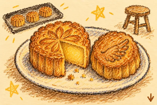 Crayon drawing: two round golden mooncakes on a plate, one cut open to show yellow custard, the other with a wing pressed into its top; a tray of three more and a stool behind