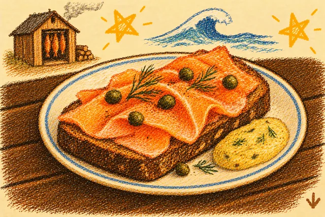 Crayon drawing: slices of pink-orange smoked fish with capers and sprigs of dill on a thick slice of dark brown bread, a spoonful of yellow mustard-dill sauce beside it on a blue-rimmed plate, a small smokehouse with fish hanging inside and a curling wave behind, and two stars
