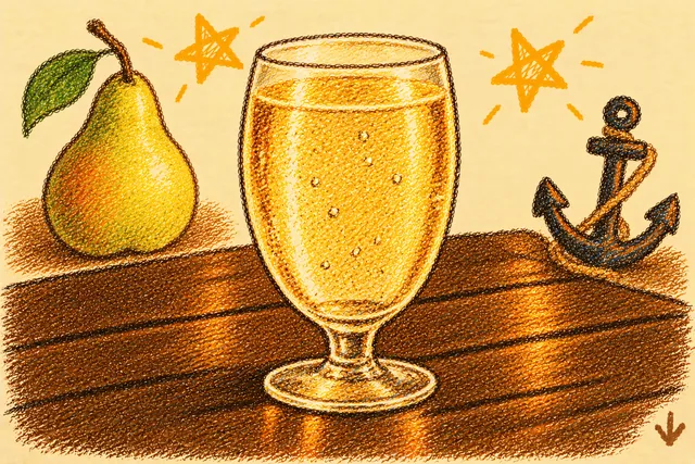 Crayon drawing: a stemmed glass of pale gold sparkling perry on a dark wooden table, a yellow-green pear with a leaf to one side, a small dark anchor with a rope on the other, and two stars