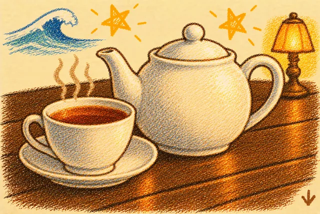 Crayon drawing: a round white teapot and a white cup of dark tea on a saucer with three lines of steam, on a dark wooden table, a small lamp glowing warm yellow to one side, a curling blue wave on the other, and two stars