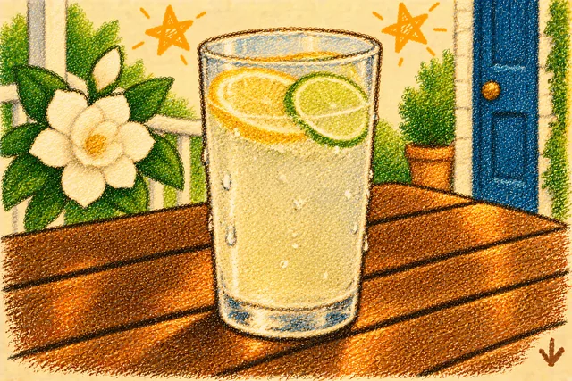 Crayon drawing: a tall glass of pale fizz with a wheel of lemon and a wheel of lime floating in it and drops of cold down the glass, on a wooden picnic table on a porch, with a white gardenia, a deep-blue door and two stars