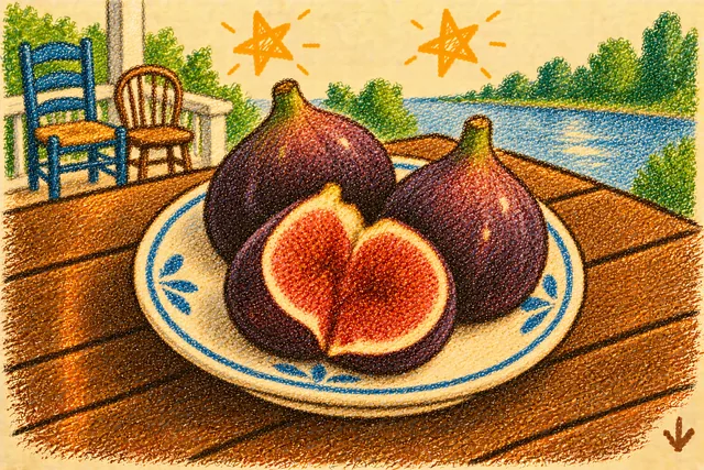 Crayon drawing: three dark purple figs on a blue-rimmed plate, one split open pink-red and full of seeds, on a wooden picnic table on a porch above a river, with two mismatched chairs and two stars