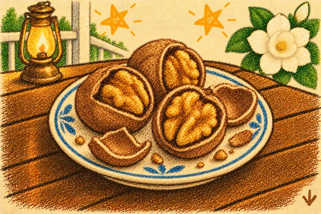 Crayon drawing: three cracked walnuts with their golden-brown halves showing and pieces of shell, on a blue-rimmed plate on a wooden picnic table on a porch, with a glowing brass lamp, a white gardenia and two stars