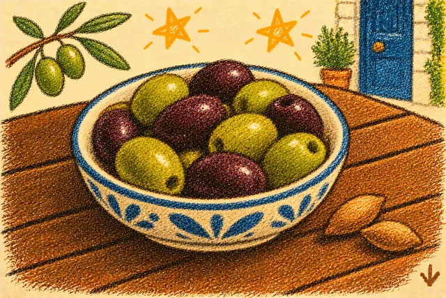 Crayon drawing: a blue-patterned bowl of green and dark purple olives with two pits beside it, on a wooden picnic table on a porch, with an olive branch, a deep-blue door and two stars