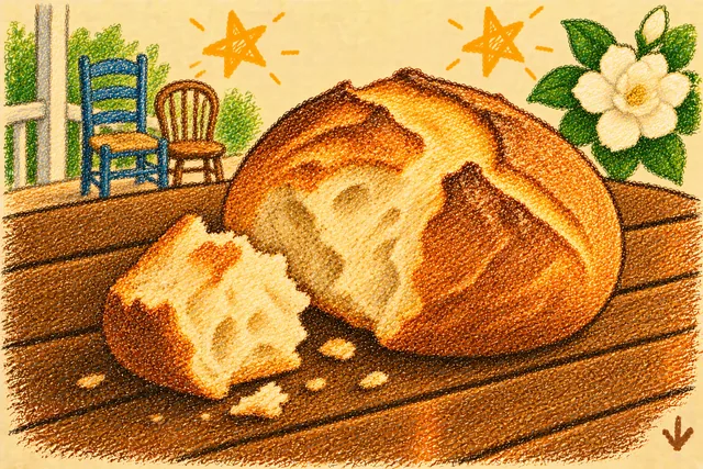 Crayon drawing: a round crusty loaf with a piece torn off beside it showing the soft white inside and a few crumbs, on a wooden picnic table on a porch, with two mismatched chairs, a white gardenia and two stars