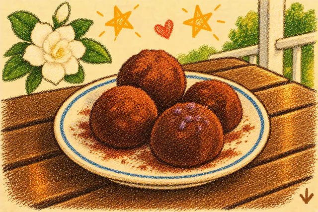 Crayon drawing: four round cocoa-dusted chocolate truffles on a blue-rimmed plate, one tinted violet on top, on a wooden picnic table on a porch, with a white gardenia, a small red heart and two stars