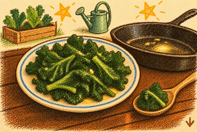 Crayon drawing: a blue-rimmed plate of glossy dark green wilted kale with a first bite waiting on a wooden spoon beside it, a frying pan on the kitchen counter, with a little garden bed, a watering can and two stars