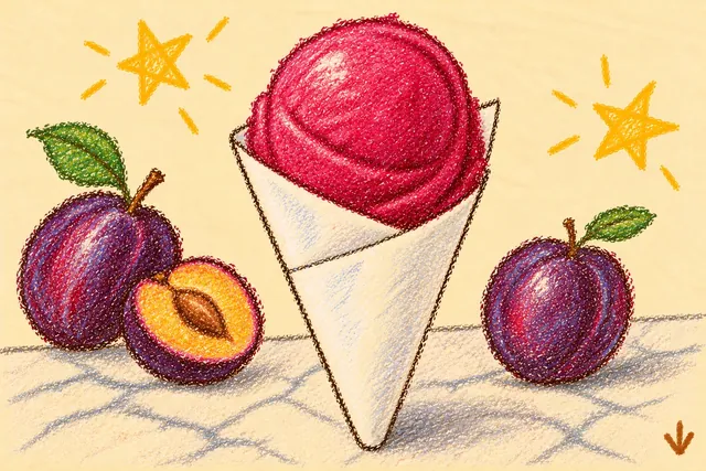 Crayon drawing: a scoop of deep rose sorbet in a folded white paper cone on a marble counter, with three dark purple plums, one cut in half