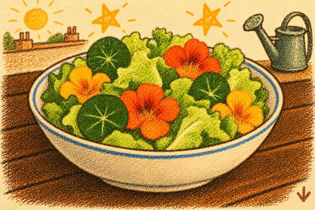 Crayon drawing: a bowl of pale green lettuce with round nasturtium leaves and bright orange and yellow nasturtium flowers on top, on a kitchen counter, with a sun over a rooftop, a watering can and two stars