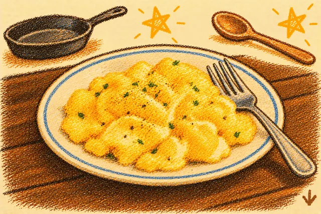 Crayon drawing: soft pale yellow scrambled eggs in gentle folds on a blue-rimmed plate with a fork on its edge, on a kitchen counter, with a frying pan, a wooden spoon and two stars