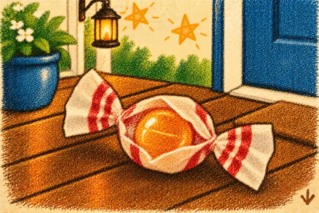 Crayon drawing: a round orange boiled candy in a red-striped twisted wrapper on the wooden boards of a porch, by a blue door, with a hanging lantern, a blue flowerpot and two stars