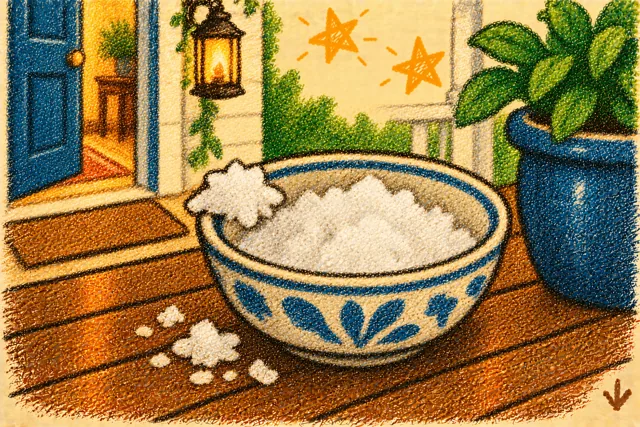 Crayon drawing: a blue-patterned bowl of white flaky salt with a pinch on its rim and a few flakes spilled, on a porch table beside an open blue door, a hanging lantern, a blue pot and two stars